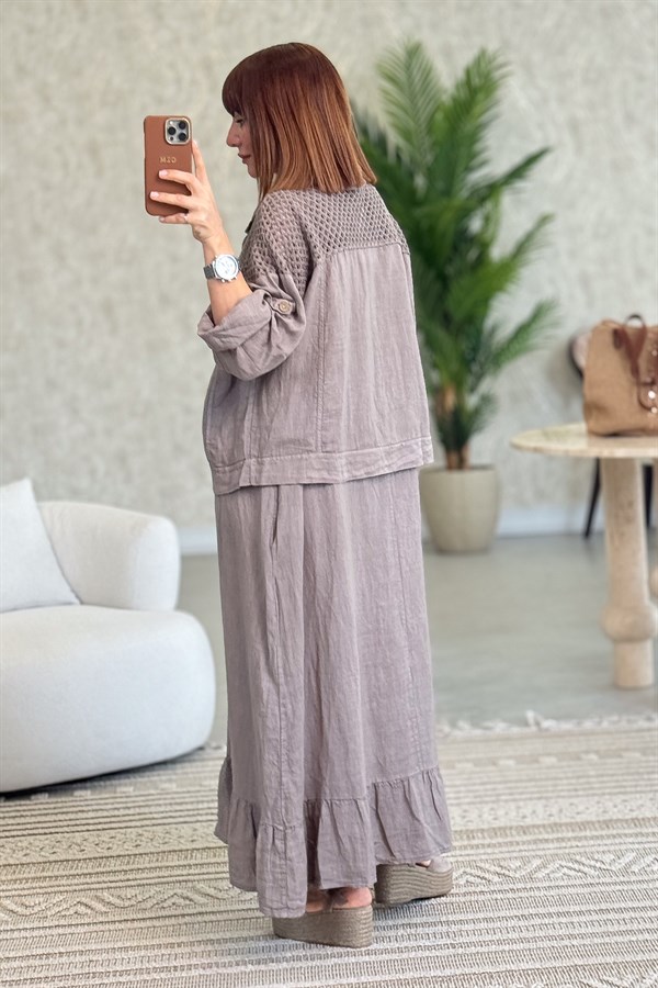 Üst Kısımları Fileli Elbise Ve Ceketli Keten Takım Vizon Renk