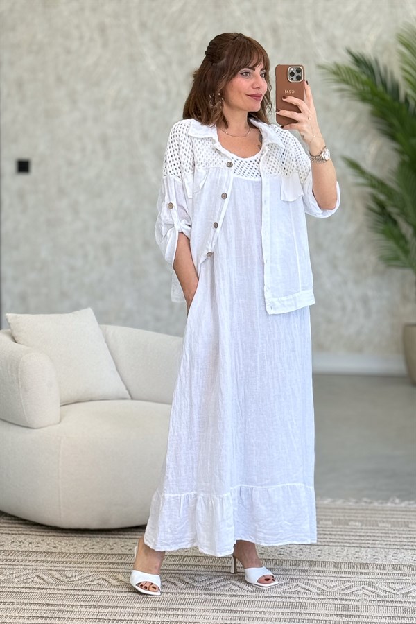 Üst Kısımları Fileli Elbise Ve Ceketli Keten Takım Beyaz Renk