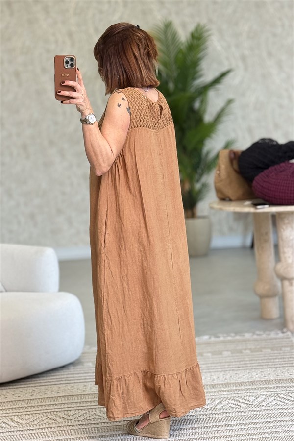 Üst Kısımları Fileli Elbise Ve Ceketli Keten Takım Deve Tüyü Renk