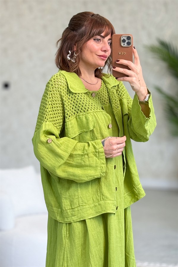 Üst Kısımları Fileli Elbise Ve Ceketli Keten Takım Fıstık Yeşil Renk