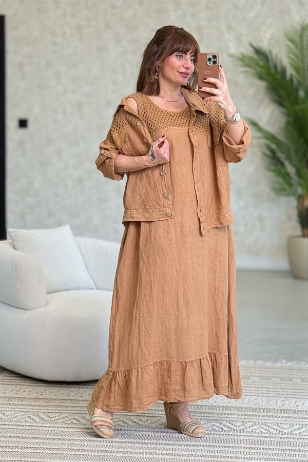 Üst Kısımları Fileli Elbise Ve Ceketli Keten Takım Deve Tüyü Renk