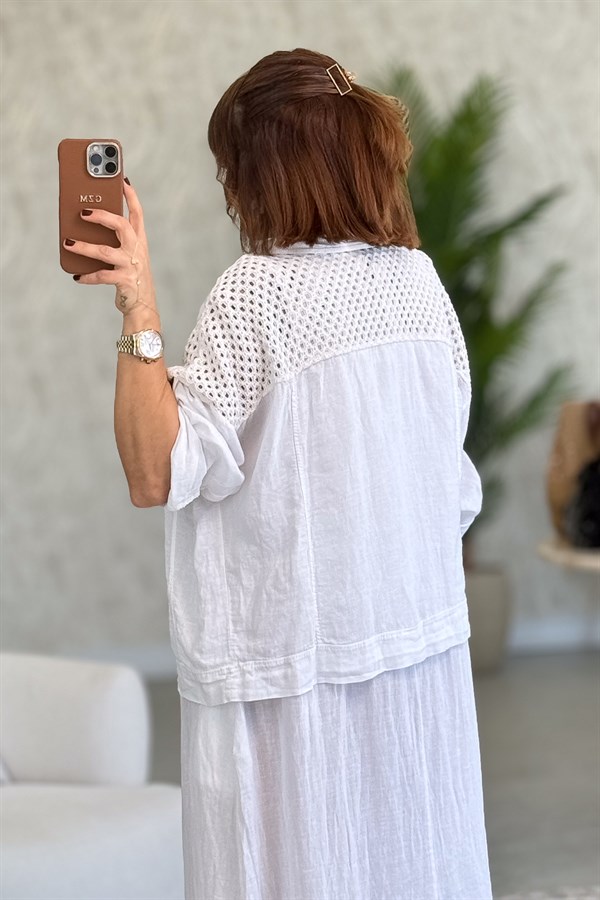 Üst Kısımları Fileli Elbise Ve Ceketli Keten Takım Beyaz Renk