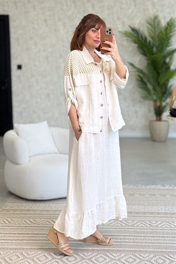 Üst Kısımları Fileli Elbise Ve Ceketli Keten Takım Krem Renk