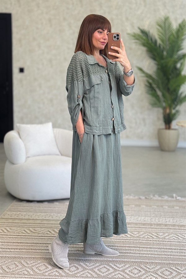 Üst Kısımları Fileli Elbise Ve Ceketli Keten Takım Haki Renk