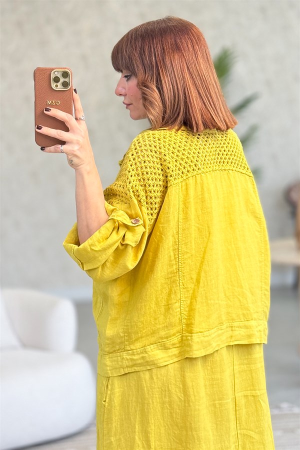 Üst Kısımları Fileli Elbise Ve Ceketli Keten Takım Hardal Renk