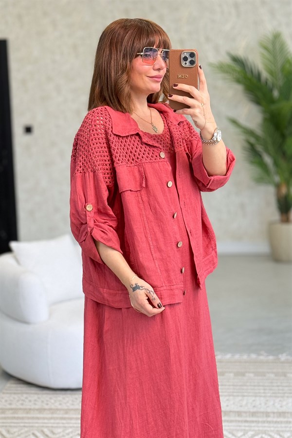 Üst Kısımları Fileli Elbise Ve Ceketli Keten Takım Kiremit Renk