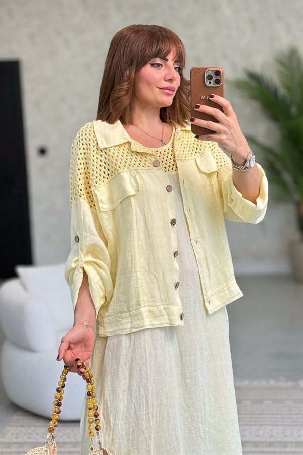 Üst Kısımları Fileli Elbise Ve Ceketli Keten Takım Sarı Renk