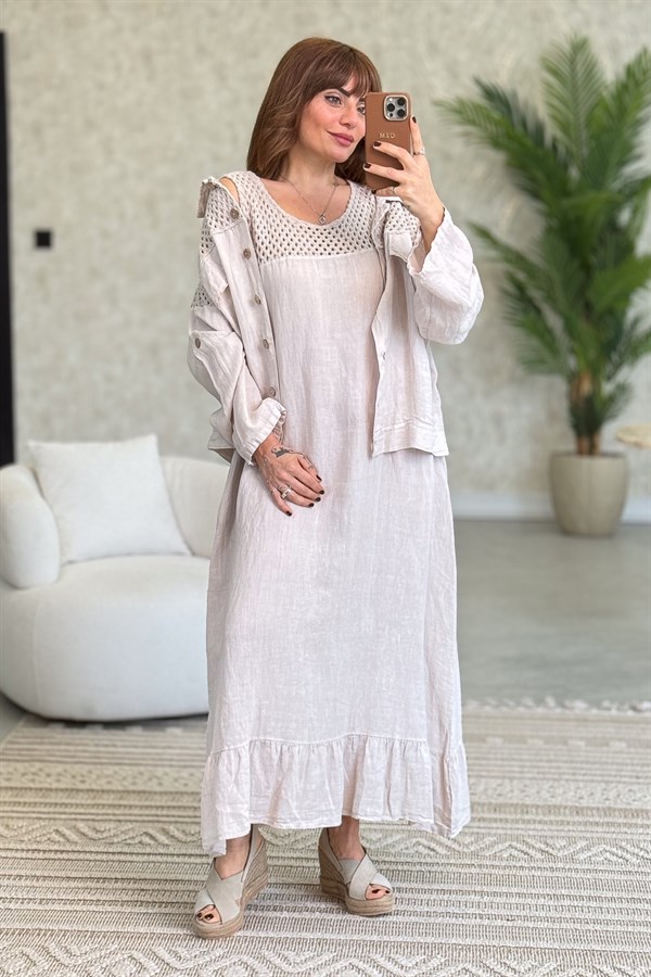 Üst Kısımları Fileli Elbise Ve Ceketli Keten Takım Açık Bej Renk