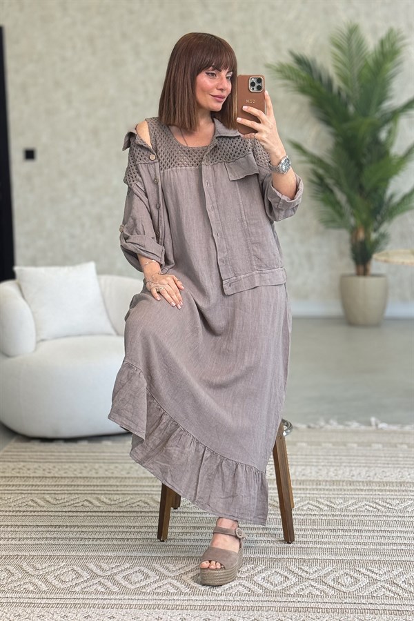 Üst Kısımları Fileli Elbise Ve Ceketli Keten Takım Vizon Renk