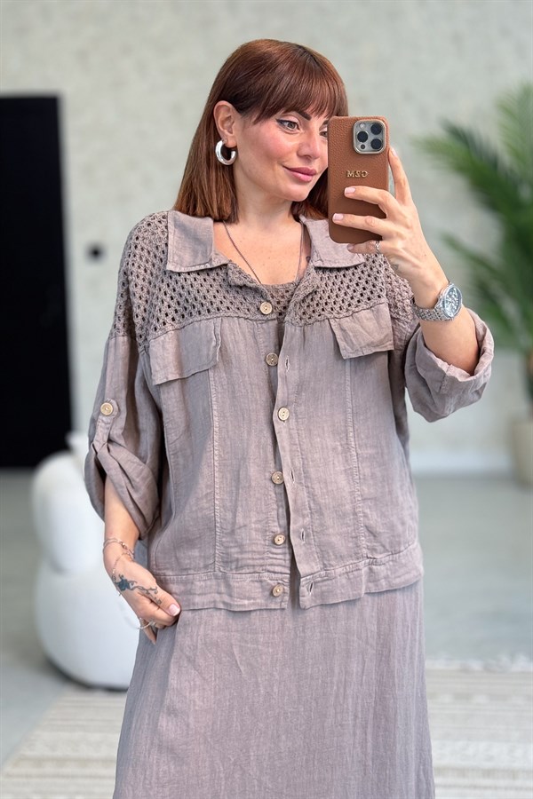 Üst Kısımları Fileli Elbise Ve Ceketli Keten Takım Vizon Renk