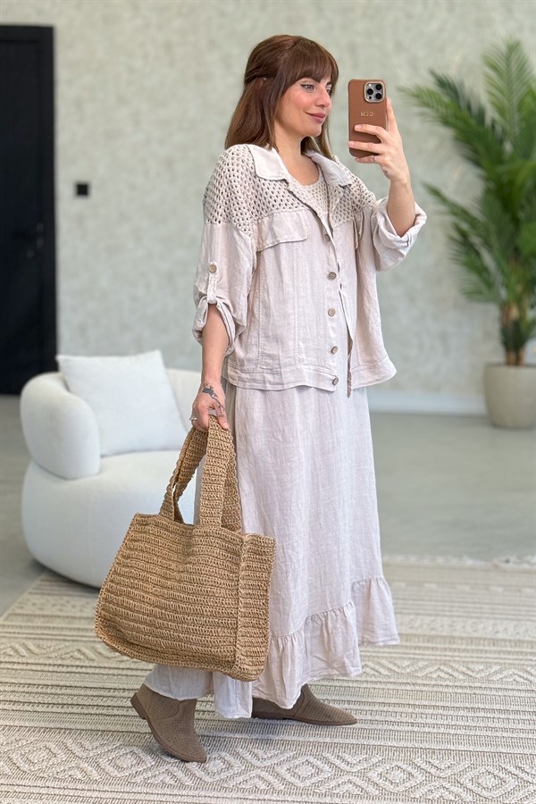 Üst Kısımları Fileli Elbise Ve Ceketli Keten Takım Bej Renk