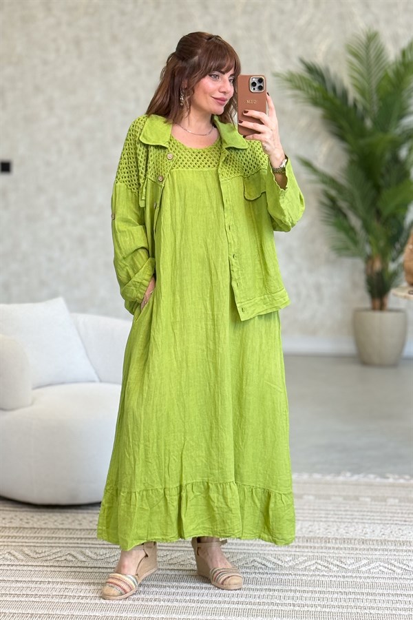 Üst Kısımları Fileli Elbise Ve Ceketli Keten Takım Fıstık Yeşil Renk