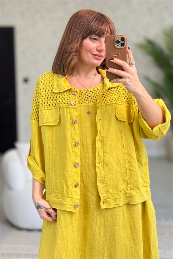 Üst Kısımları Fileli Elbise Ve Ceketli Keten Takım Hardal Renk