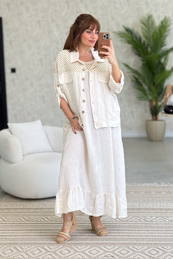 Üst Kısımları Fileli Elbise Ve Ceketli Keten Takım Krem Renk