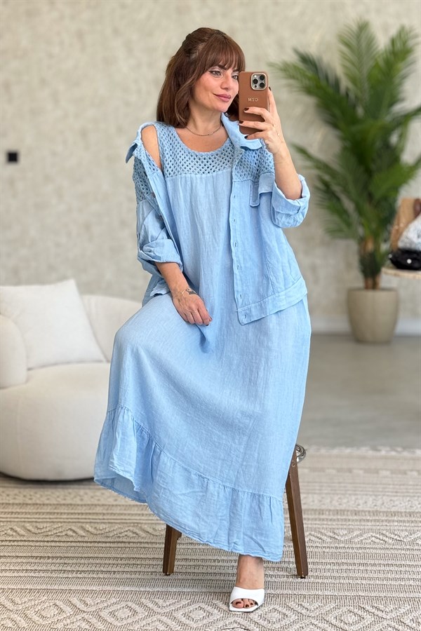 Üst Kısımları Fileli Elbise Ve Ceketli Keten Takım Bebe Mavi Renk