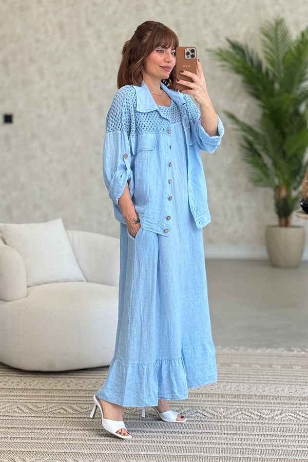 Üst Kısımları Fileli Elbise Ve Ceketli Keten Takım Bebe Mavi Renk