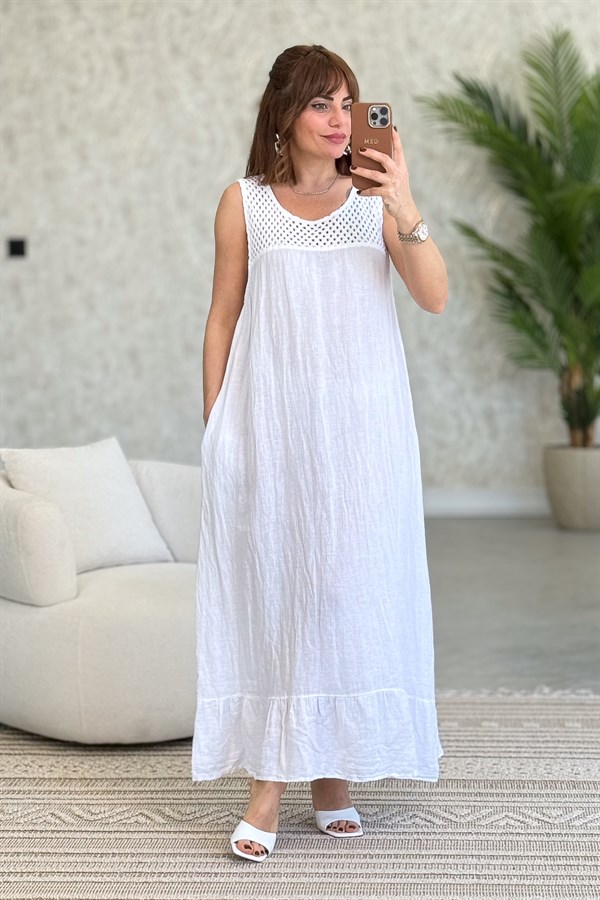 Üst Kısımları Fileli Elbise Ve Ceketli Keten Takım Beyaz Renk