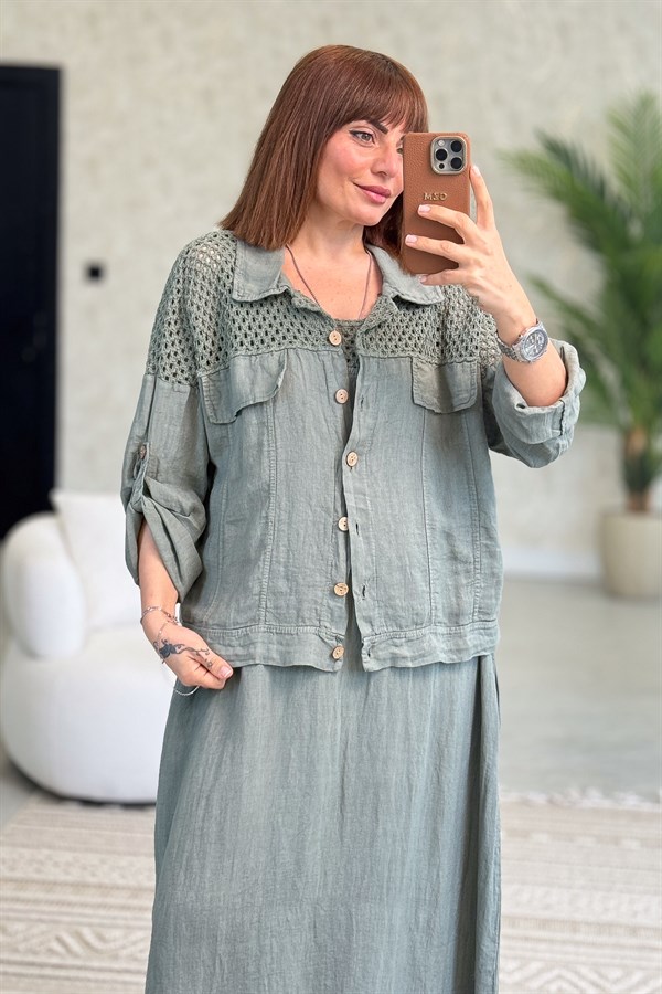 Üst Kısımları Fileli Elbise Ve Ceketli Keten Takım Haki Renk