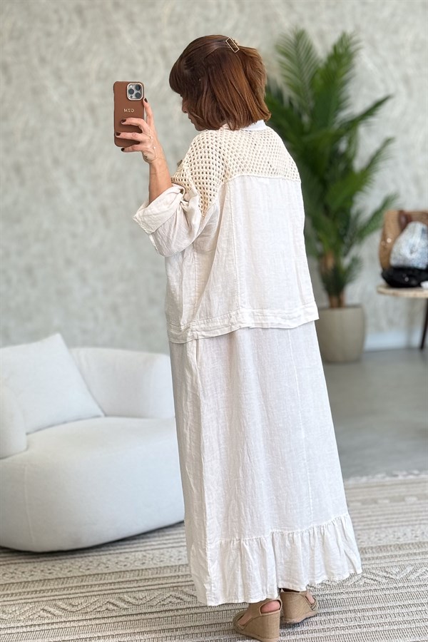 Üst Kısımları Fileli Elbise Ve Ceketli Keten Takım Krem Renk