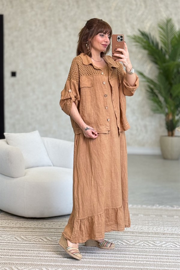 Üst Kısımları Fileli Elbise Ve Ceketli Keten Takım Deve Tüyü Renk