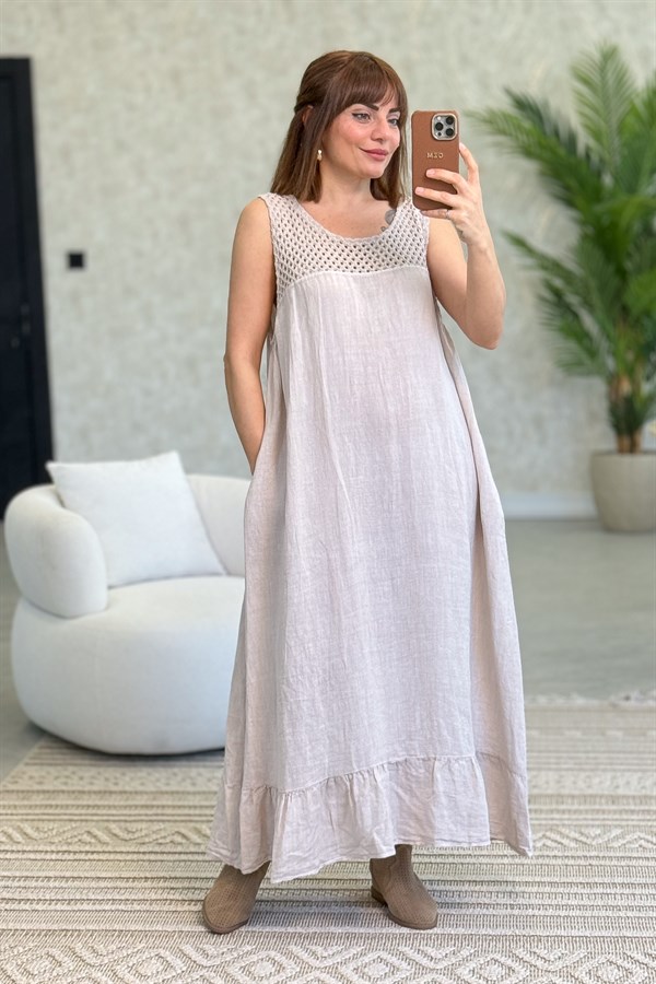 Üst Kısımları Fileli Elbise Ve Ceketli Keten Takım Bej Renk