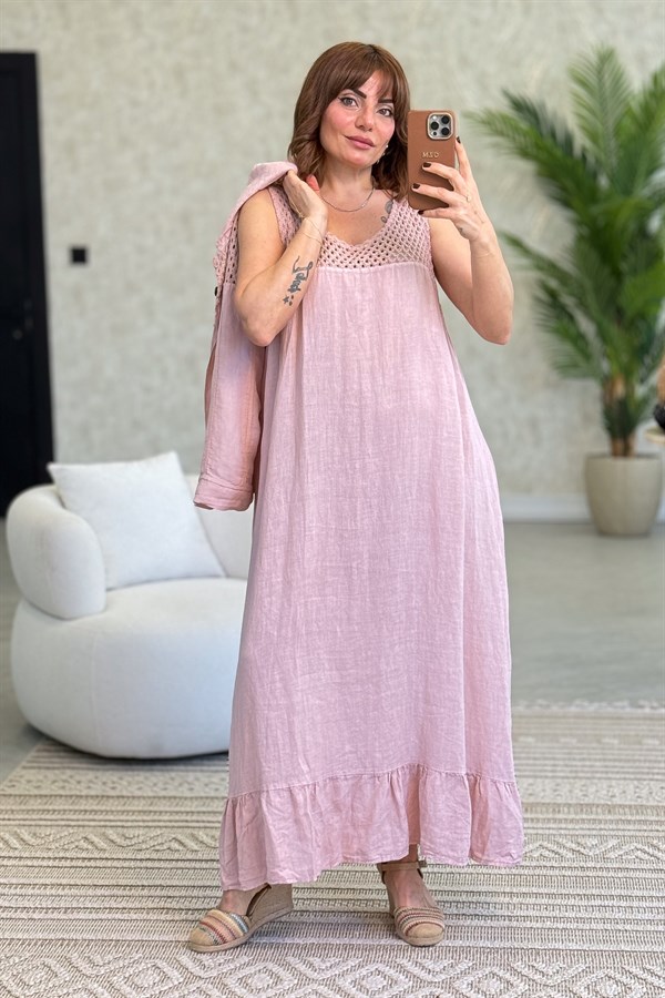 Üst Kısımları Fileli Elbise Ve Ceketli Keten Takım Pudra Renk