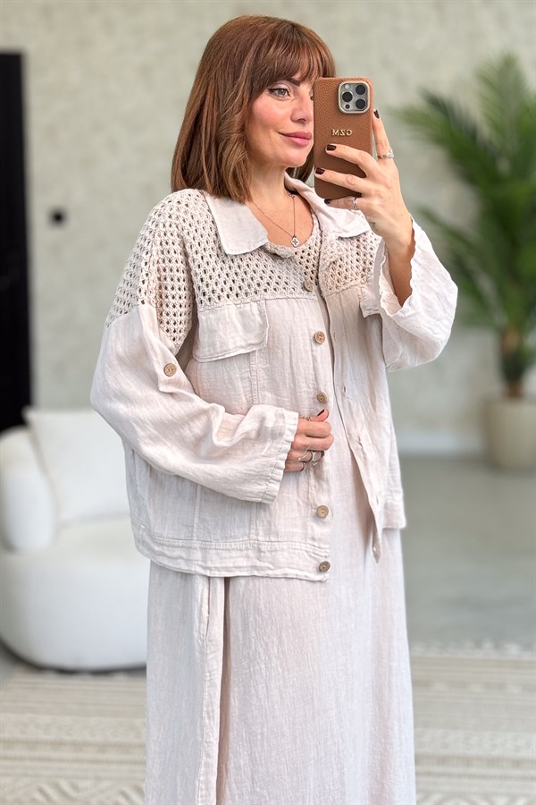 Üst Kısımları Fileli Elbise Ve Ceketli Keten Takım Açık Bej Renk