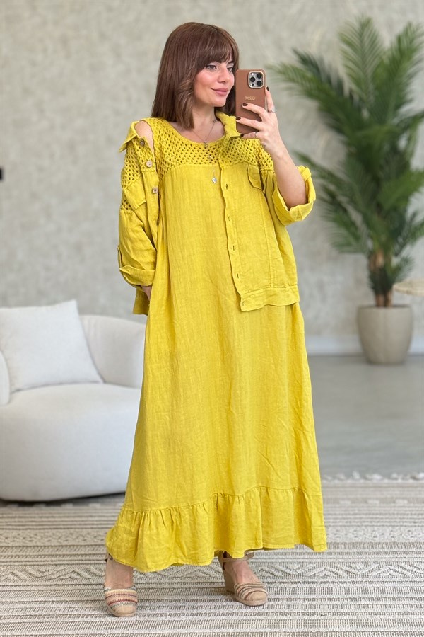 Üst Kısımları Fileli Elbise Ve Ceketli Keten Takım Hardal Renk