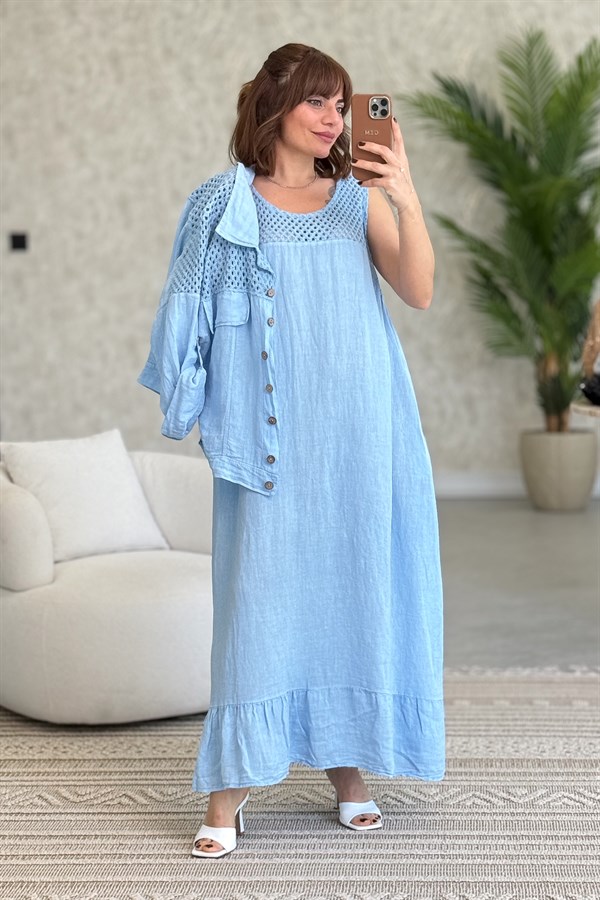 Üst Kısımları Fileli Elbise Ve Ceketli Keten Takım Bebe Mavi Renk