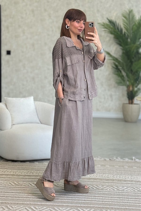 Üst Kısımları Fileli Elbise Ve Ceketli Keten Takım Vizon Renk