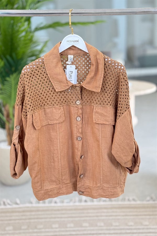 Üst Kısımları Fileli Keten Ceket Deve Tüyü RenkCEKET
