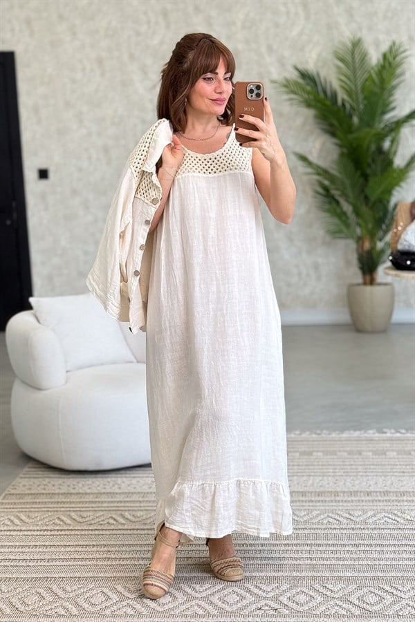 Üst Kısımları Fileli Keten Elbise Krem Renk