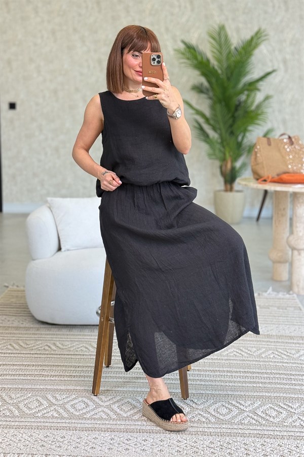 Üstü Kolsuz Altı Etekli Keten Alt Üst Takım Siyah Renk