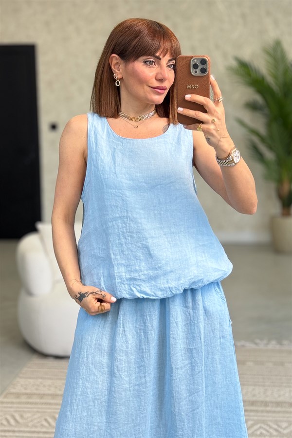 Üstü Kolsuz Altı Etekli Keten Alt Üst Takım Bebe Mavi Renk