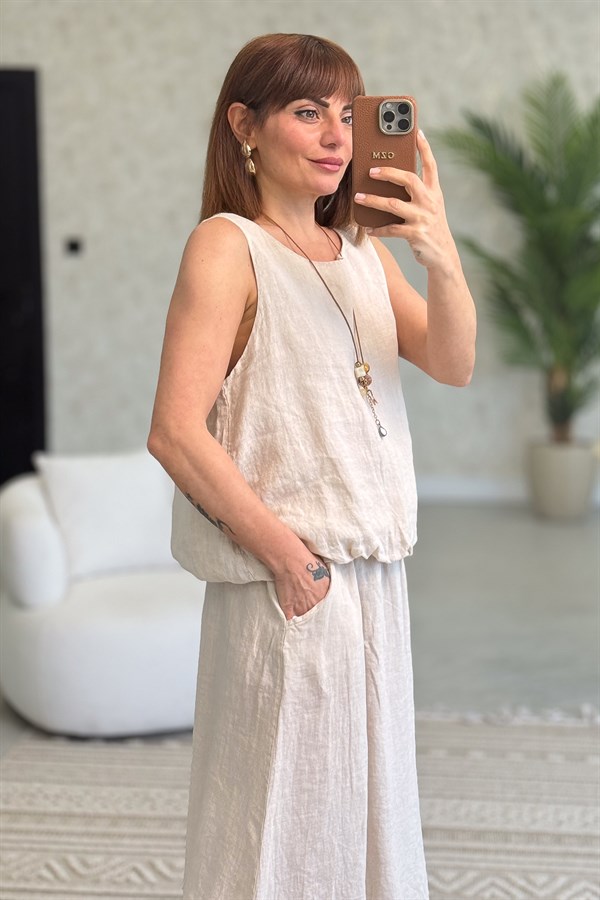Üstü Kolsuz Altı Etekli Keten Alt Üst Takım Bej Renk