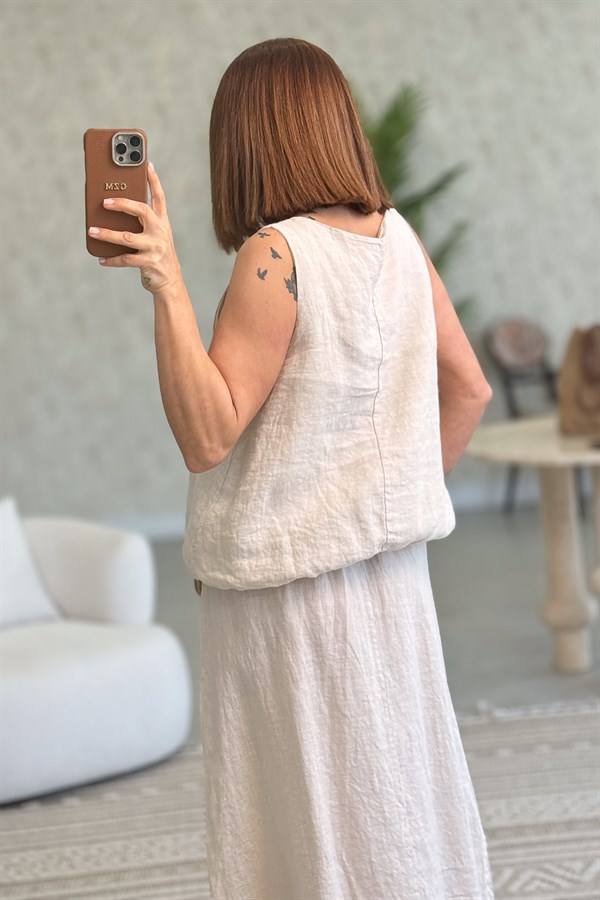 Üstü Kolsuz Altı Etekli Keten Alt Üst Takım Bej Renk
