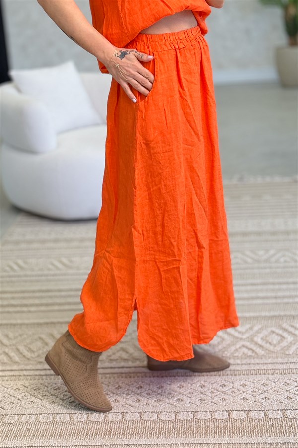 Üstü Kolsuz Altı Etekli Keten Alt Üst Takım Turuncu Renk