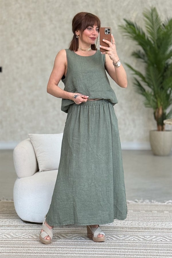 Üstü Kolsuz Altı Etekli Keten Alt Üst Takım Haki Renk