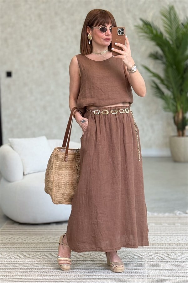 Üstü Kolsuz Altı Etekli Keten Alt Üst Takım Kahverengi Renk