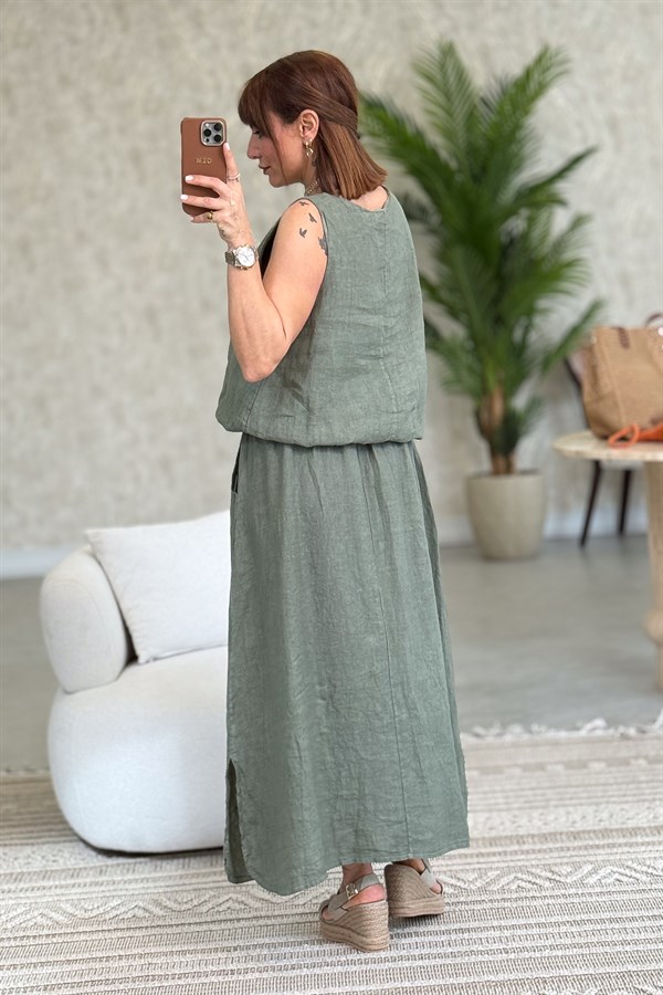 Üstü Kolsuz Altı Etekli Keten Alt Üst Takım Haki Renk