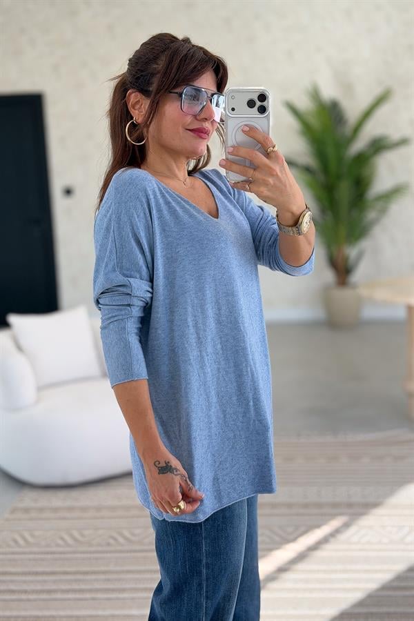 V Yaka Basic Triko Açık Mavi Renk