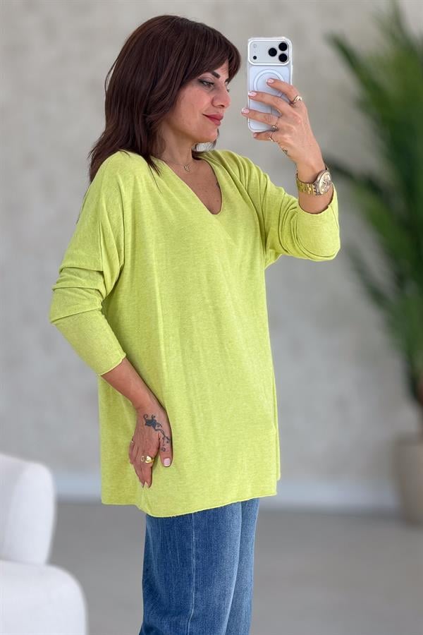 V Yaka Basic Triko Fıstık Yeşil Renk