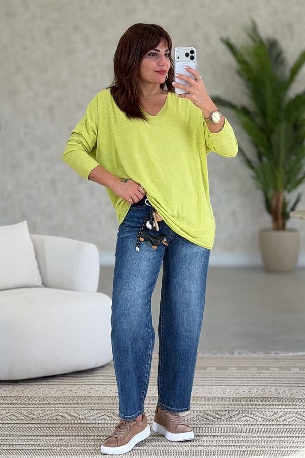 V Yaka Basic Triko Fıstık Yeşil Renk