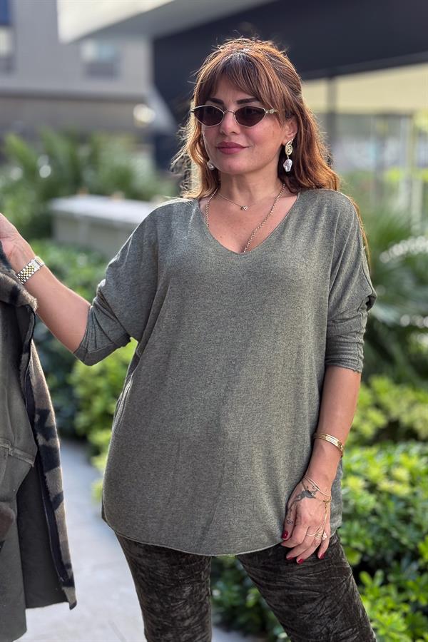 V Yaka Basic Triko Haki Renk