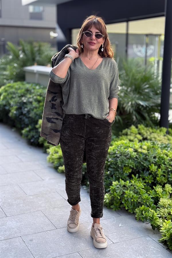 V Yaka Basic Triko Haki Renk