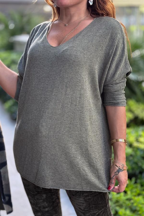 V Yaka Basic Triko Haki Renk