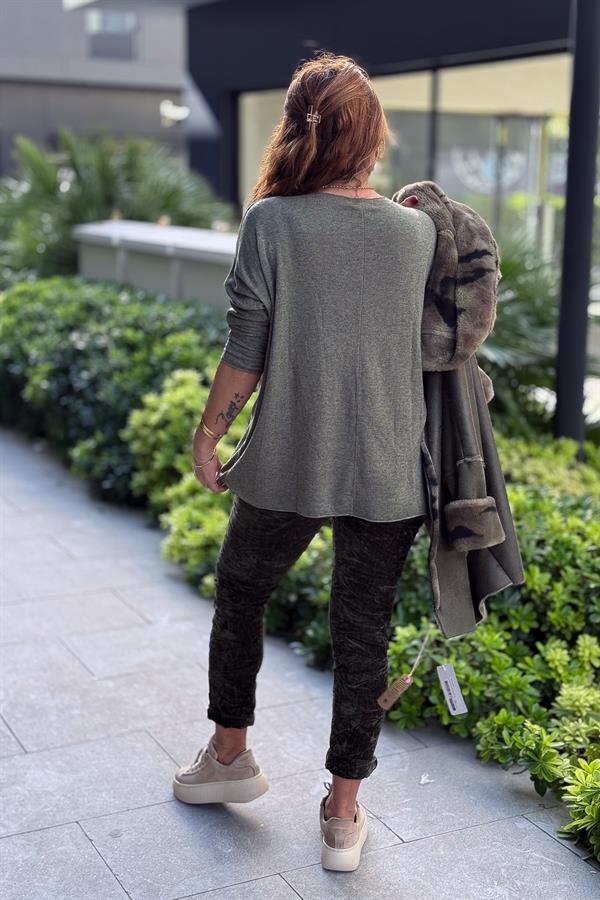 V Yaka Basic Triko Haki Renk