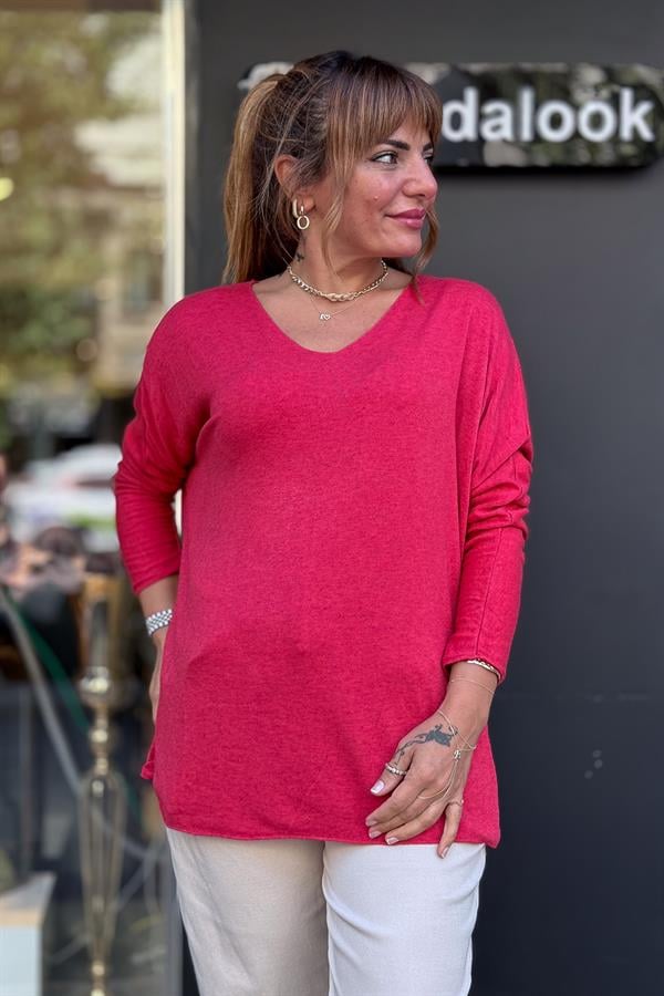 V Yaka Basic Triko Kırmızı Renk