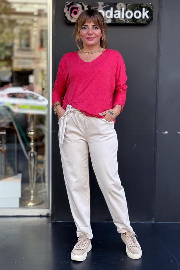 V Yaka Basic Triko Kırmızı Renk