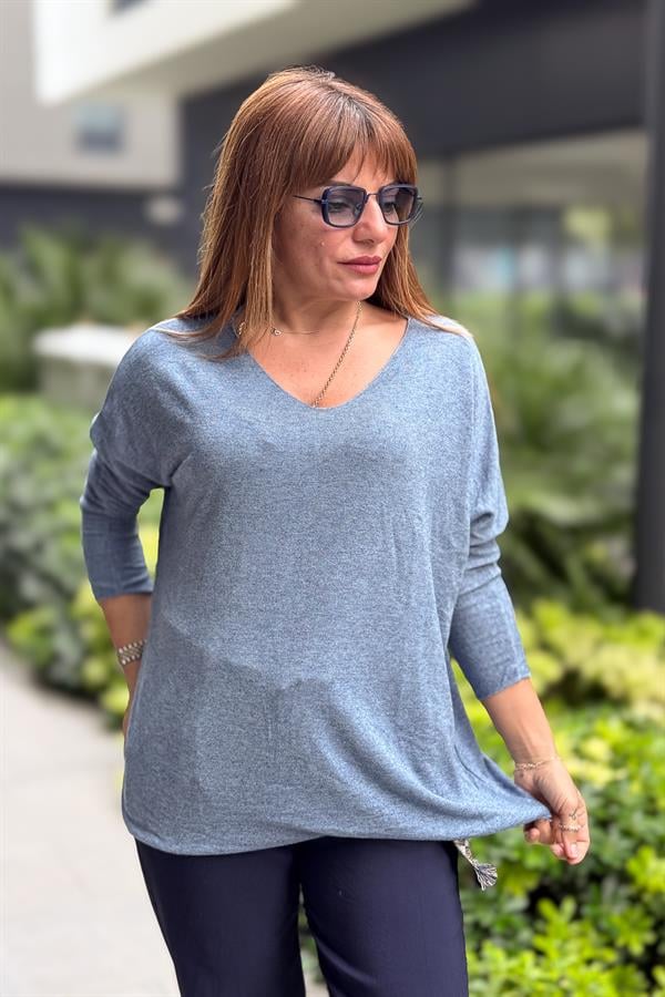 V Yaka Basic Triko Mavi Renk